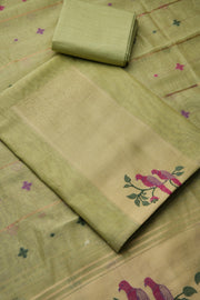 Birds of Feathers Green Paithani Muga Cotton Unstitched Suit Set